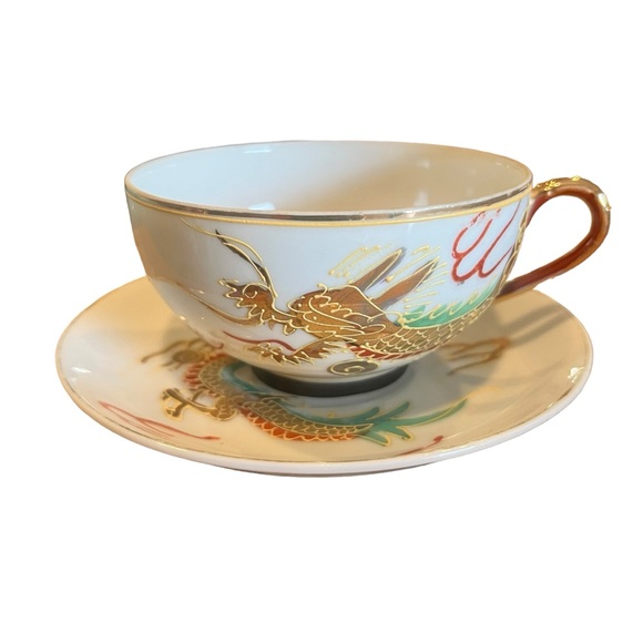 1 Dragon Ware Tea Cup and Saucer, Geisha Lithophane on White|Gold, Moriage - Picture 1 of 8